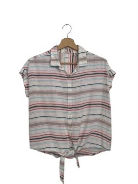 Weatherproof Vintage Striped Tie-Front Linen Blend Top Pastel Multi - Size M